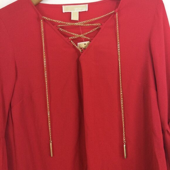 MICHAEL KORS Chain Lace Up Bell Sleeve Blouse Top True Red Size Small NWT - Picture 2 of 7